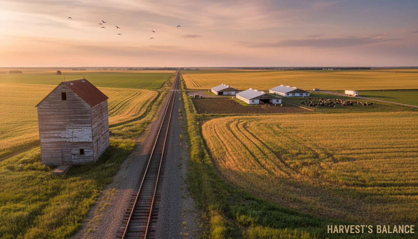 Golden hour light illuminates a prairie scene with a weathered grain elevator, freight tracks, distant dairy barns, and fields.