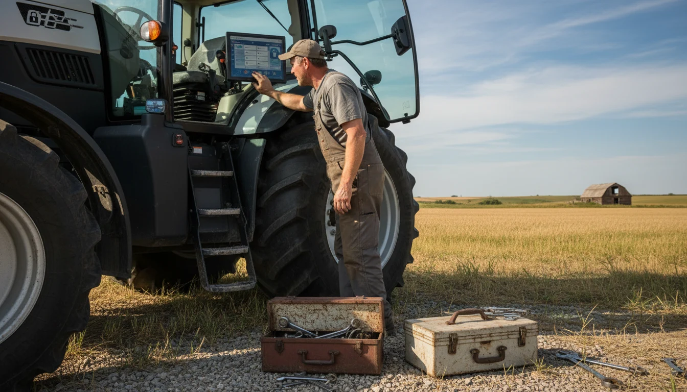 A mechanic inspects a tractor's digital control panel while worn toolboxes rest on sunlit gravel.
