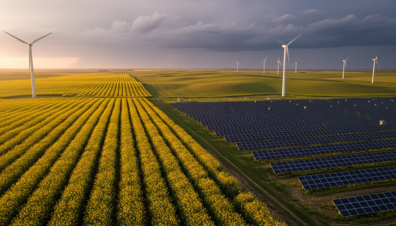 Golden hour prairie landscape with canola rows bordering solar panels and wind turbines, distant storm clouds.