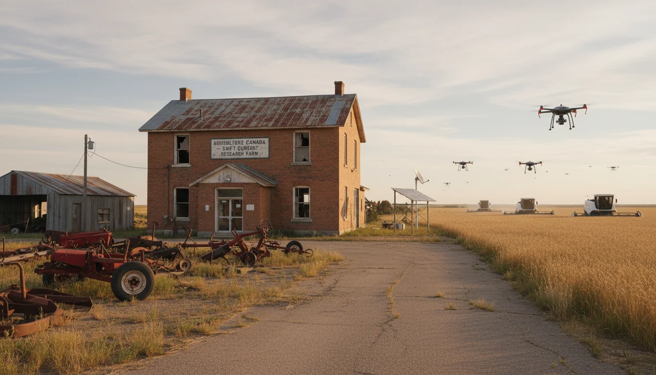 Weathered federal research station and rusting sheds beside sleek autonomous harvesters and drones under prairie daylight.