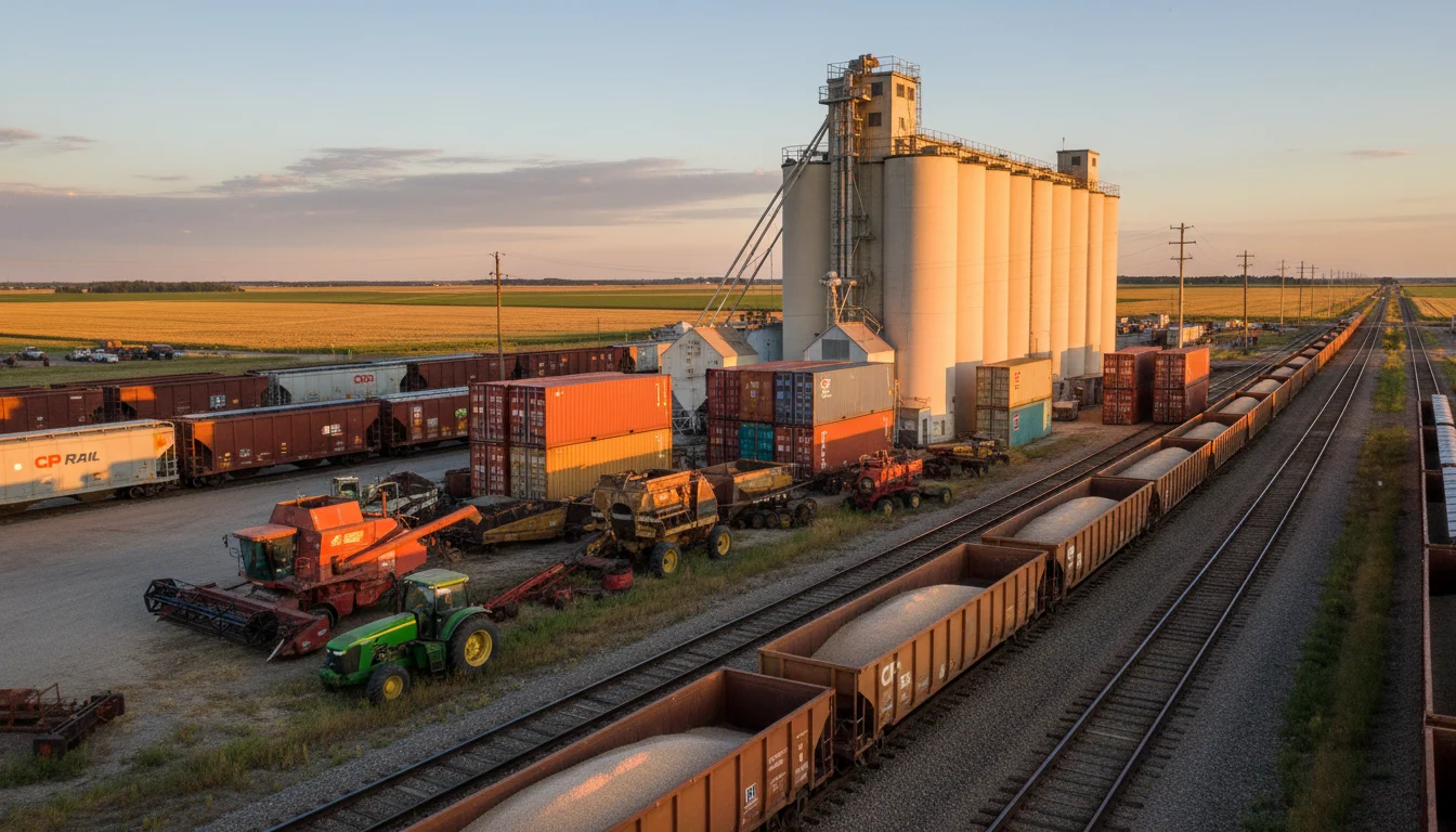 Golden hour light illuminates stacked containers, idle freight cars, and weathered machinery at a quiet Canadian grain terminal.
