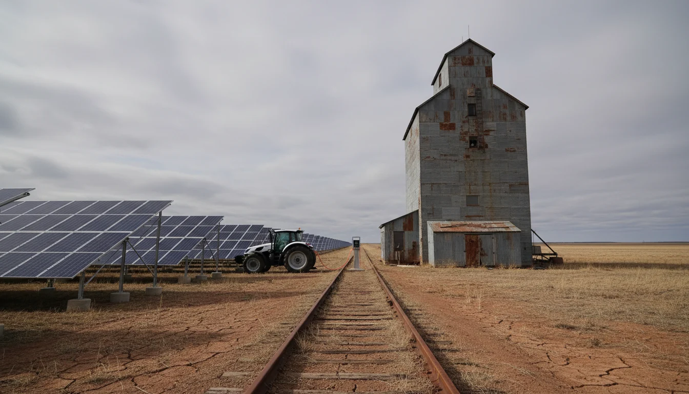 A weathered grain elevator stands beside a solar array and electric tractor on cracked prairie under overcast skies.