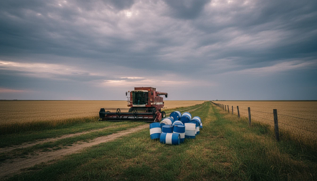 Weathered combine idle beside empty fertilizer drums in wheat field with receding border fence under moody sky.