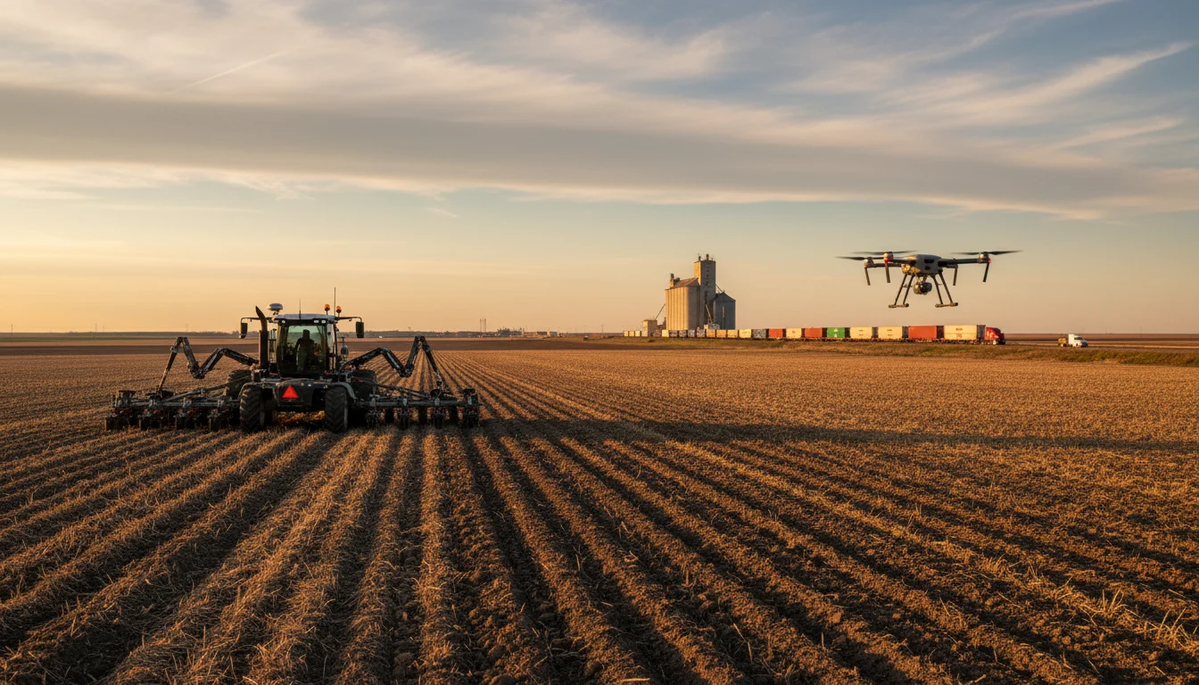 Canadian prairie field at golden hour with precision equipment, tilled soil, hovering drone, and distant grain elevator.