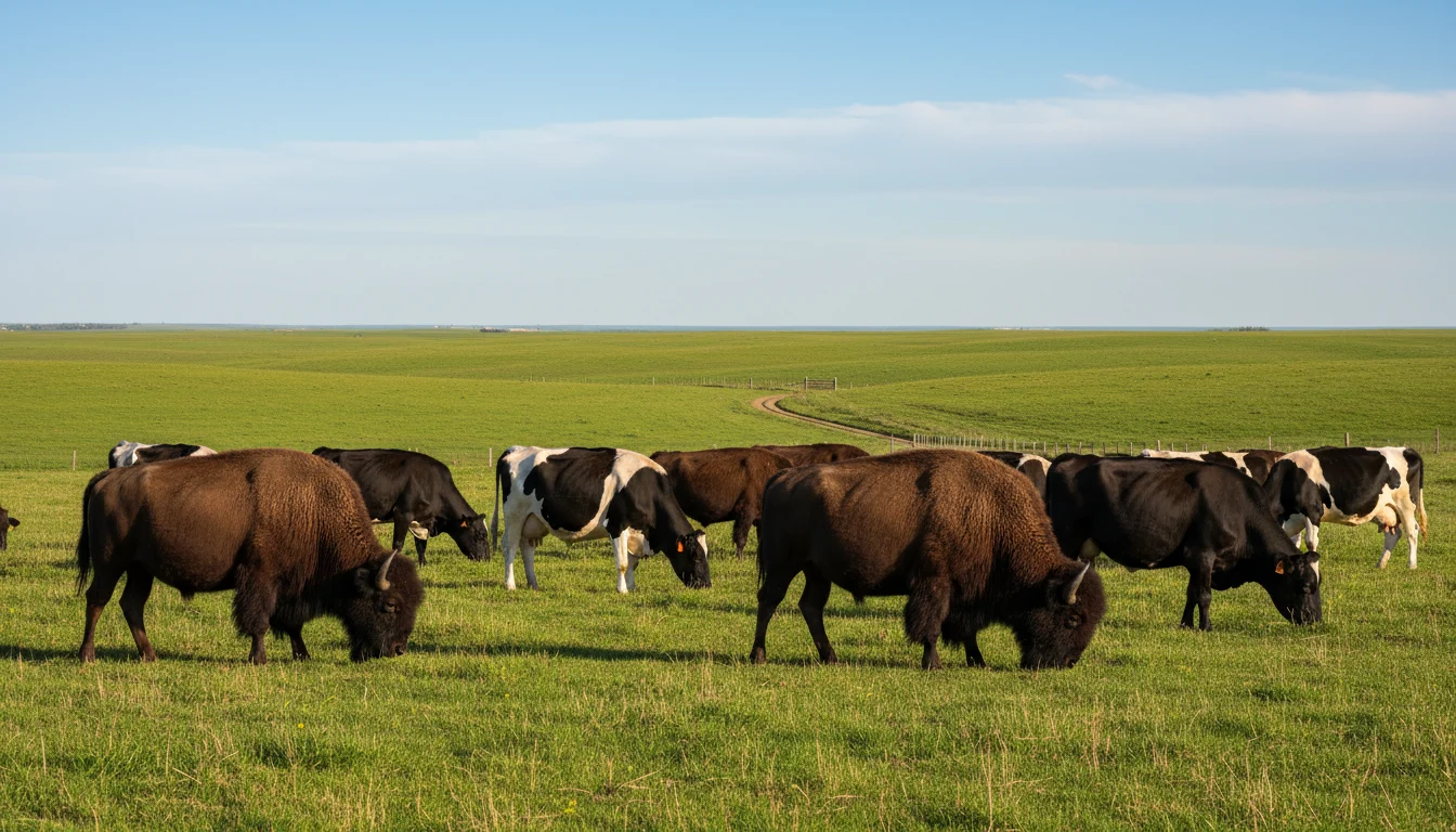 Sunlit Canadian pasture where bison and dairy herds graze on rolling hills, ear tags visible, distant horizon.