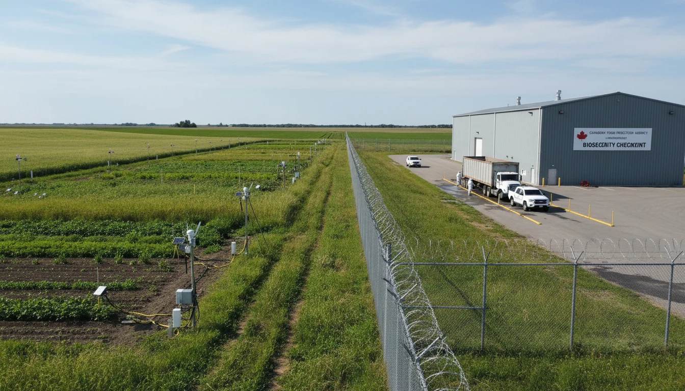 A split agricultural landscape contrasts lush regenerative fields with soil sensors against a sterile government biosecurity checkpoint.