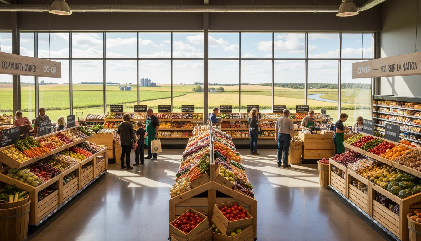 Modern grocery with expansive windows framing distant farmland, wooden shelves stocked with fresh produce, and soft daylight.