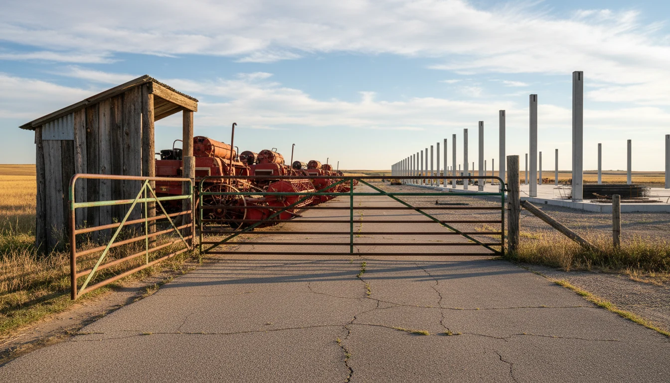 Sunlit loading dock meets weathered farm gate, vintage harvesting equipment beside fresh concrete infrastructure under long prairie shadows.