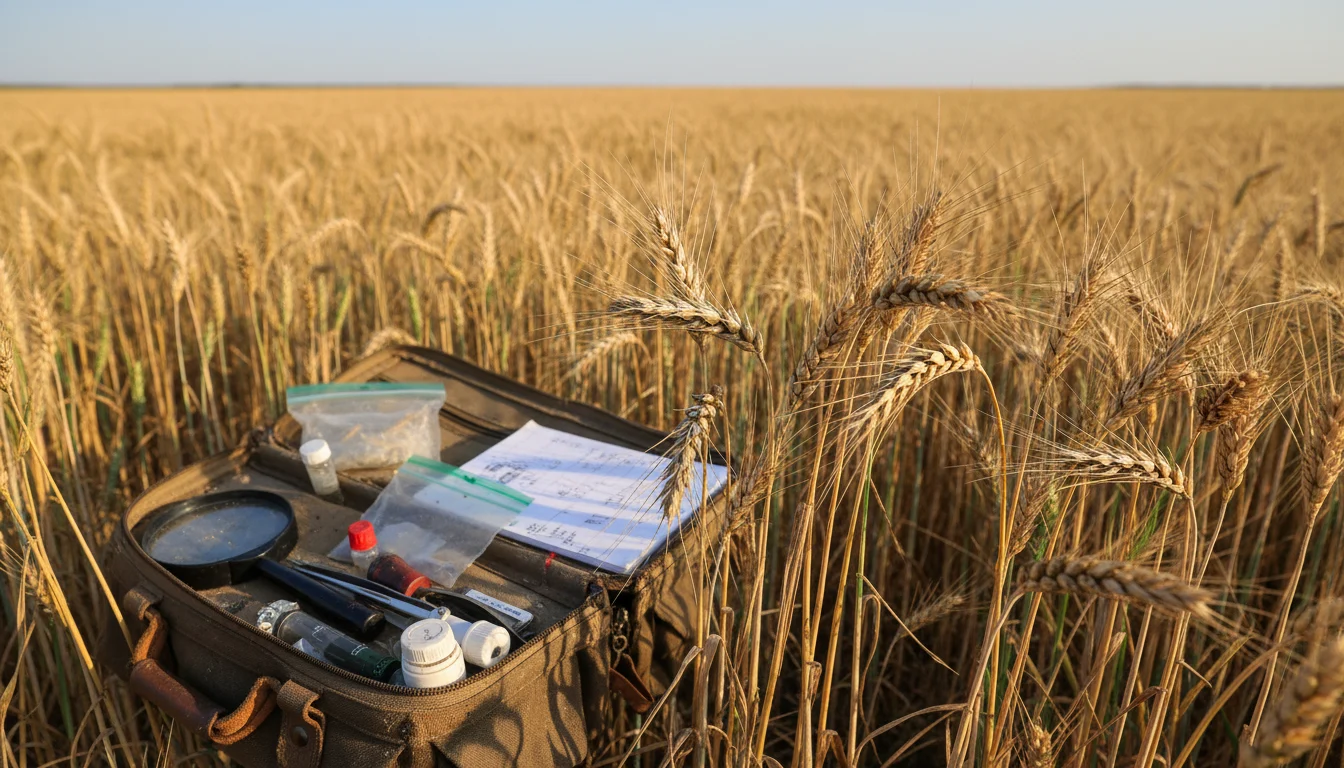 Hazy prairie wheat stalks showing fungal lesions and insect damage, weathered biosecurity sampling kit in foreground.