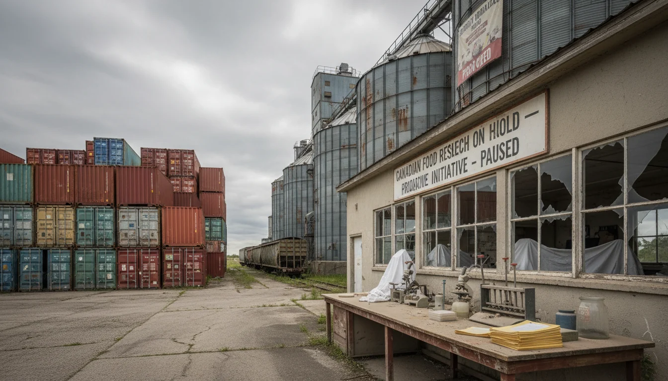 Rusted containers sit beside a shuttered research station under an overcast sky, cracked windows revealing dormant equipment.