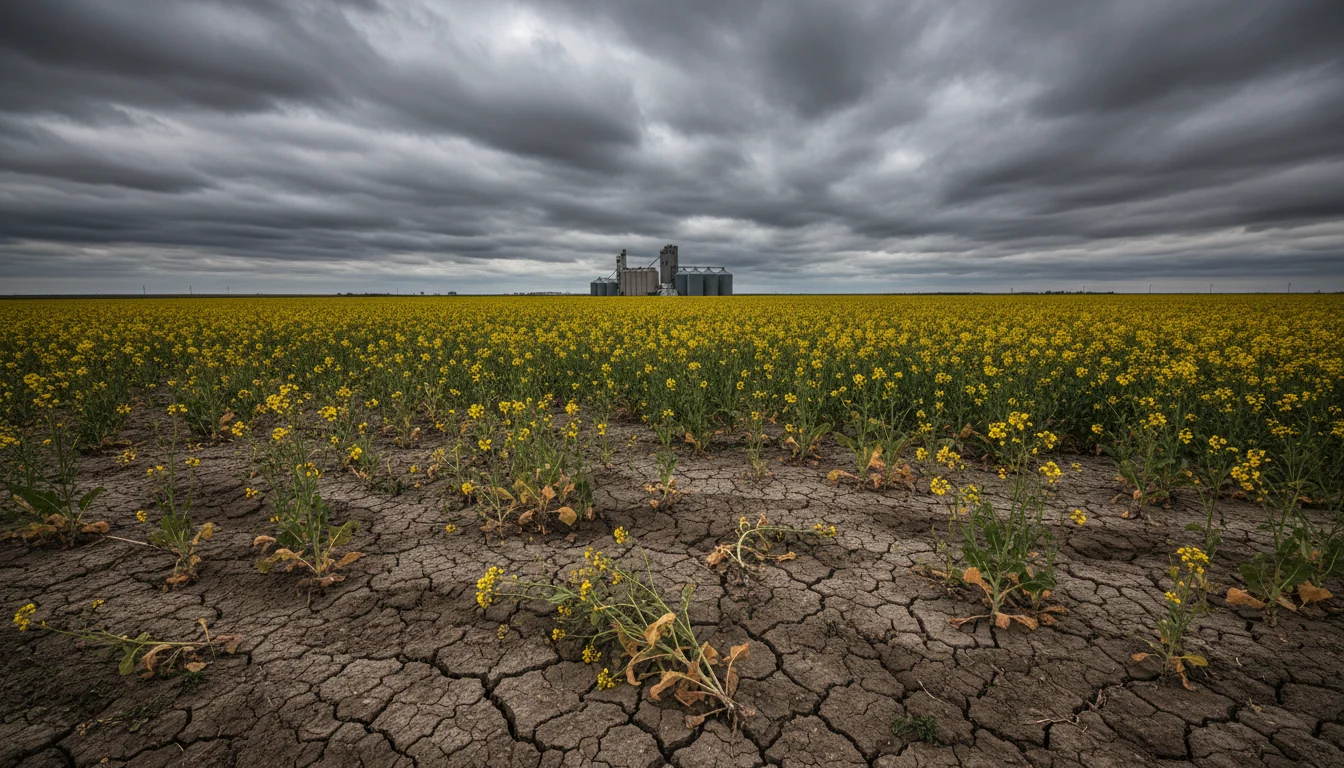 Cracked soil and stressed canola crops stretch toward a distant grain elevator under a turbulent overcast sky.