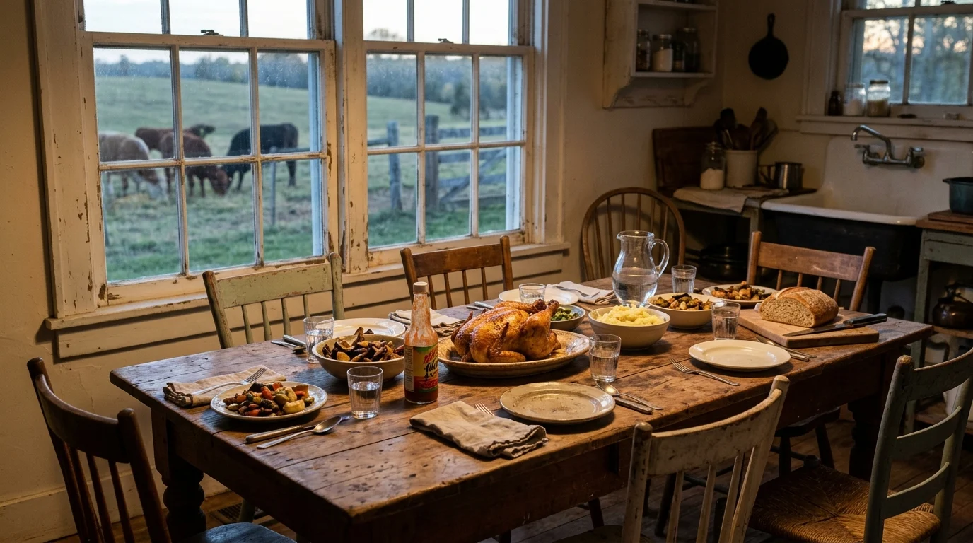 A weathered farm kitchen table set for a shared meal at dusk, with mismatched chairs, a roasted chicken, and a window looking out onto cattle grazing in the last light.