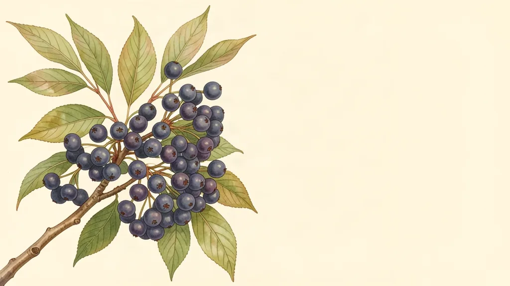 Illustration of a serviceberry branch heavy with ripe berries
